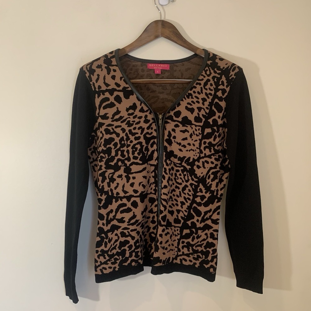 Bellario Womens Full Zip Cardigan Large Animal Print Faux Leather Trim Mob Wife‎